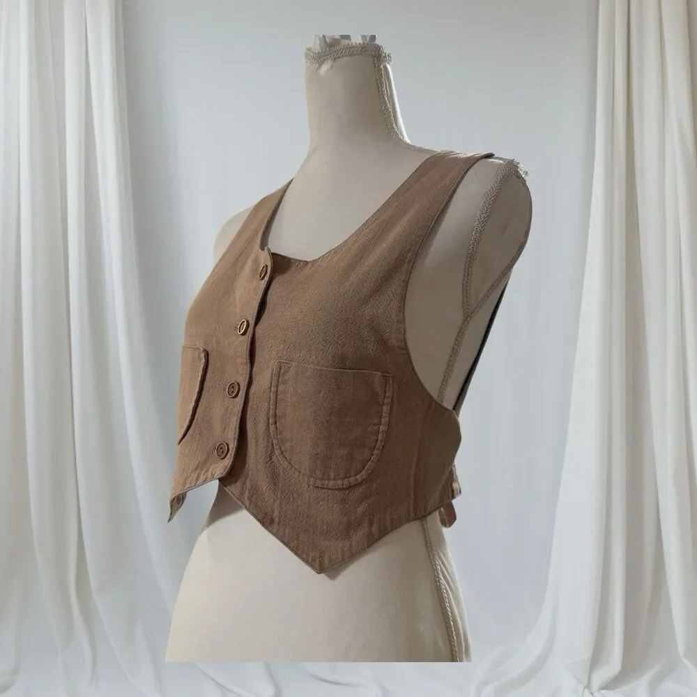 Cropped Waistcoat‎ Vest Womens Size 11 Tan Excellent Button Front Tie Back - Picture 2 of 6